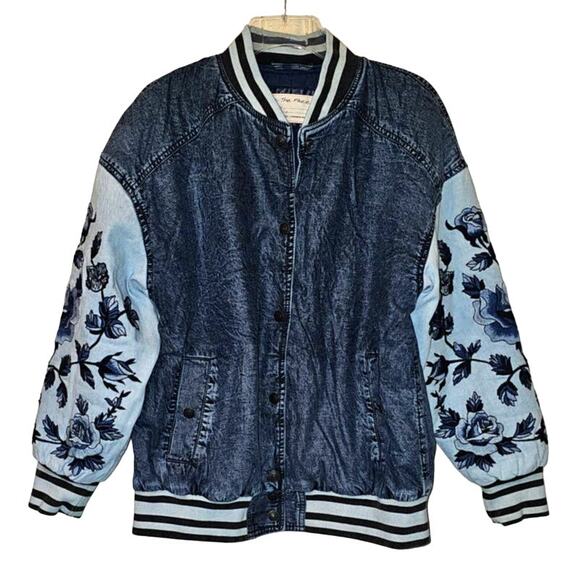 New Free People WTF Team Spirit Jacket $298 SMALL Stone Blue Floral Embroidery - Picture 6 of 8